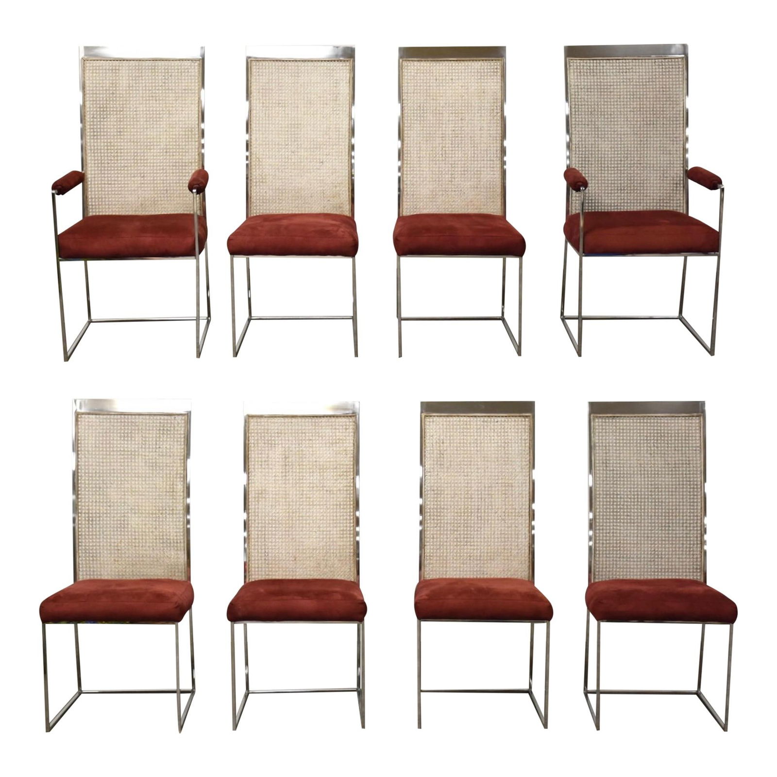Milo Baughman Mid-Century Modern Dining Chairs Set of 8 Chrome Cane: Milo Baughman Mid-Century Modern Dining Chairs Set of 8 Chrome Cane This elegant set of eight mid-century modern dining chairs, designed by Milo Baughman for Thayer Coggin, features a striking combina