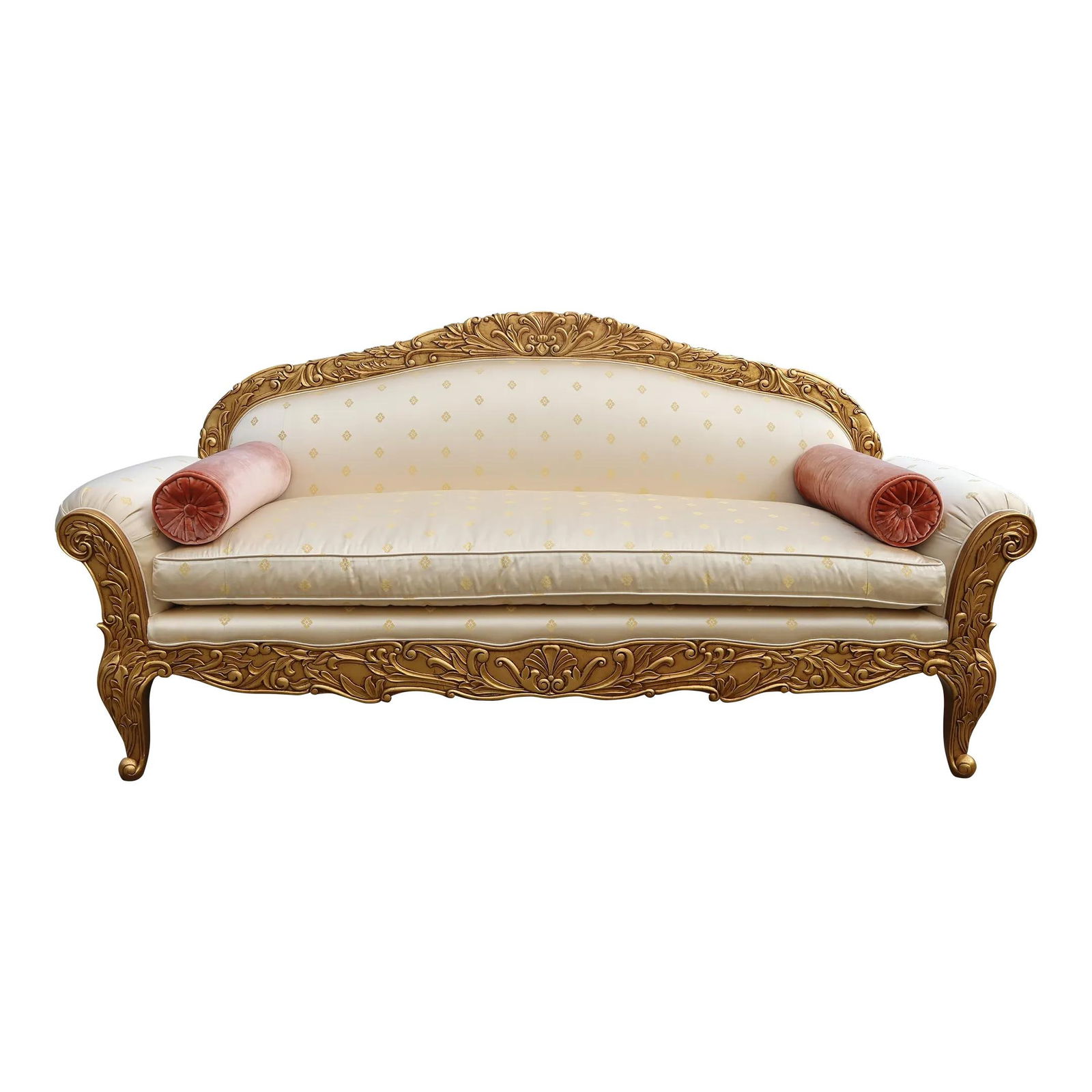 Richard Charles Gold Gilt Sofa by Phyllis Morris Silk Upholstery: Richard Charles Gold Gilt Sofa by Phyllis Morris Silk Upholstery This exquisite Richard Charles French Decorated Gold Gilt Sofa showcases timeless elegance and quality craftsmanship. Approximately 20