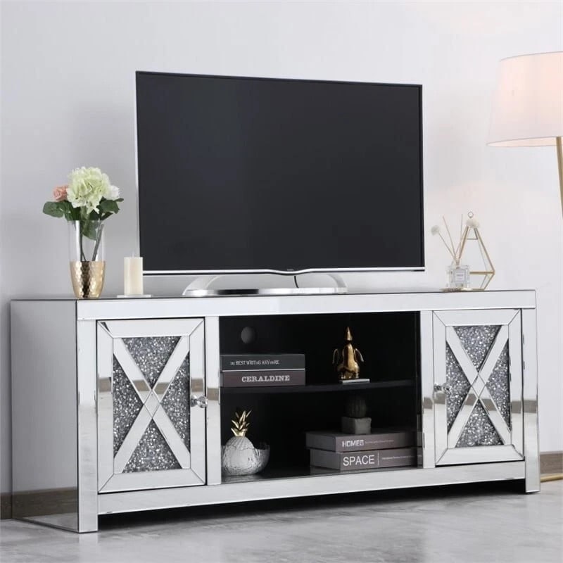 Modern Silver Crystal Mirrored TV Stand 59": Modern Silver Crystal Mirrored TV Stand 59" Enhance your living space with this stylish Crystal Mirrored Modern TV Stand, perfect for any room such as the living room, dining room, or den. This elegan