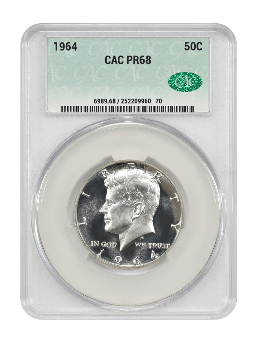 1964 Kennedy Half Dollar CACG PR68 Uncirculated 50C Coin: 1964 Kennedy Half Dollar CACG PR68 Uncirculated 50C Coin This 1964 Kennedy Half Dollar is a certified piece by CACG, boasting a remarkable PR68 grade. It features an uncirculated finish, ensuring its 