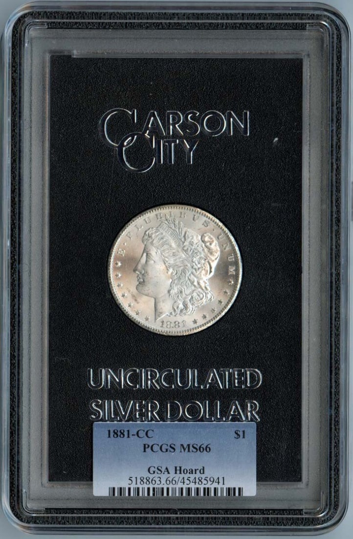 1881-CC Morgan Dollar PCGS MS66 Uncirculated Carson City: 1881-CC Morgan Dollar PCGS MS66 Uncirculated Carson City This 1881-CC Morgan Dollar is a remarkable piece from the GSA Hoard, certified by PCGS with a grade of MS66. It features the iconic design of t