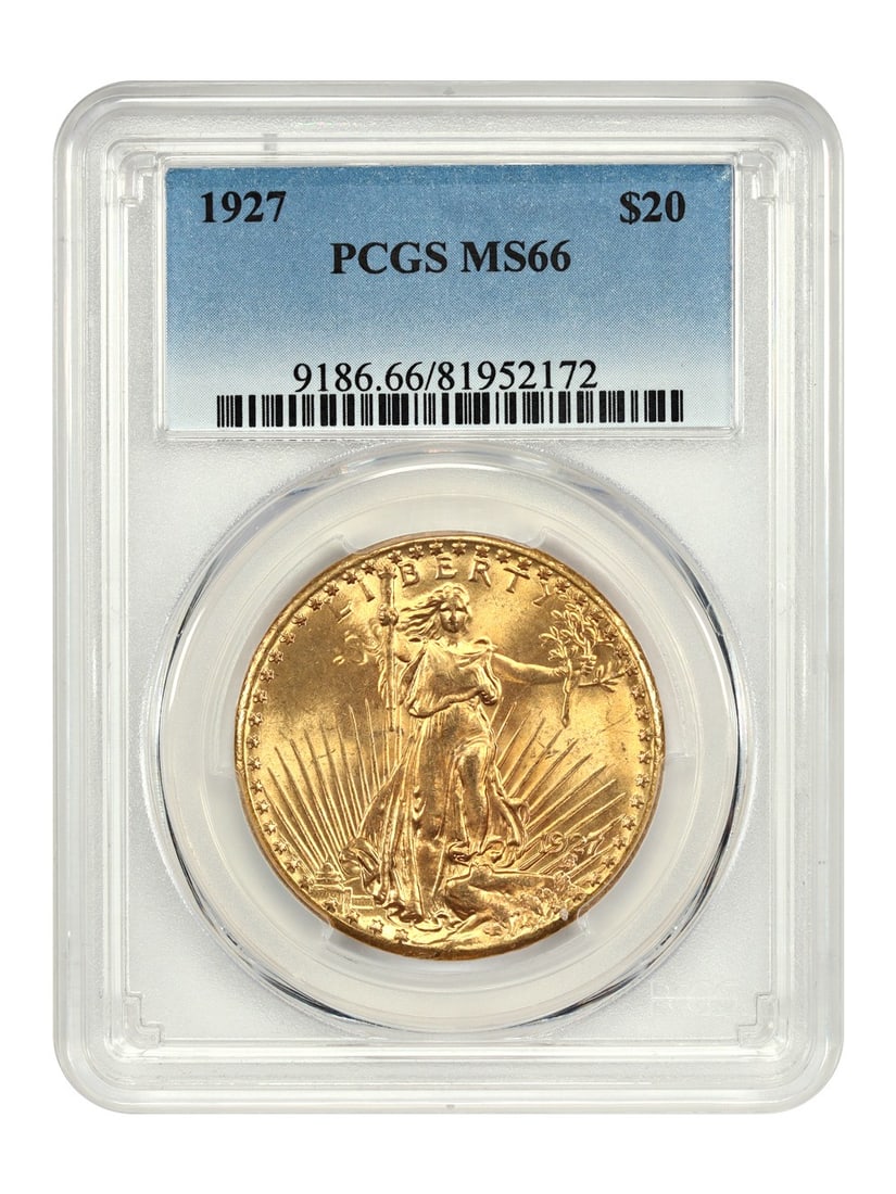 1927 St. Gaudens $20 Gold Coin PCGS MS66 Uncirculated: 1927 St. Gaudens $20 Gold Coin PCGS MS66 Uncirculated This 1927 St. Gaudens $20 gold coin is graded MS66 by PCGS, indicating it is in uncirculated condition with a beautiful strike. Minted in Philadel