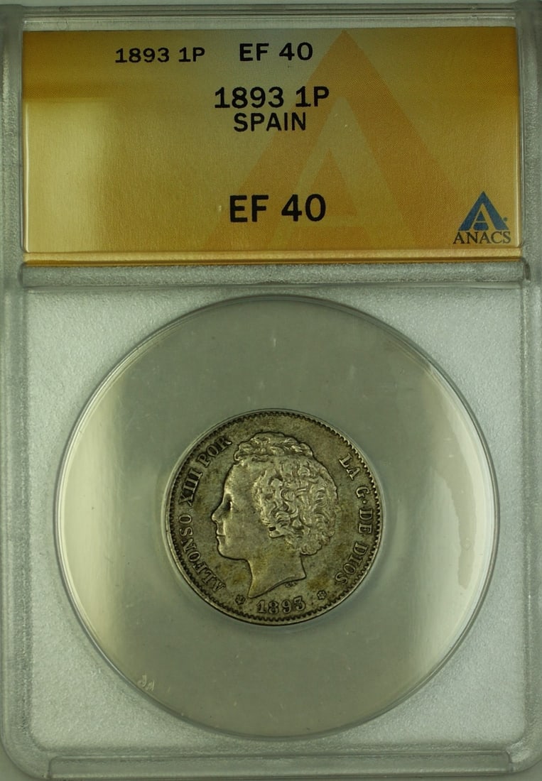 1893 Spain 1P Peseta Silver Coin ANACS EF-40 Certified: 1893 Spain 1P Peseta Silver Coin ANACS EF-40 Certified This 1893 Spain 1P Peseta Silver Coin is a remarkable piece of numismatic history. Certified by ANACS with a grade of EF-40, this coin features a