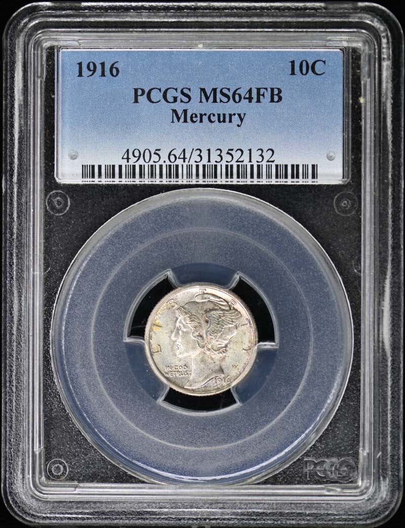 1916 PCGS MS64FB Mercury Dime Uncirculated Philadelphia Mint: 1916 PCGS MS64FB Mercury Dime Uncirculated Philadelphia Mint This 1916 Mercury Dime is a stunning example, certified by PCGS with a grade of MS64FB, indicating it is in uncirculated condition. The coi