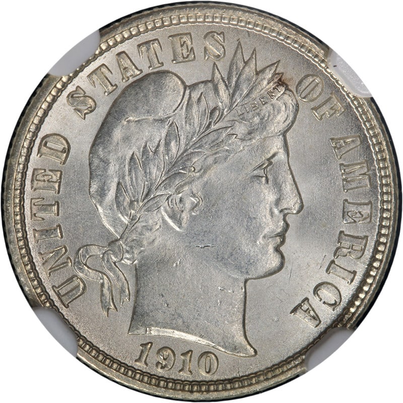 1910-D Barber Dime NGC MS64 Silver Uncirculated Gem: 1910-D Barber Dime NGC MS64 Silver Uncirculated Gem This stunning 1910-D Barber Dime is certified by NGC with a grade of MS64, showcasing blazing white luster and superb eye appeal. Minted in Denver, 