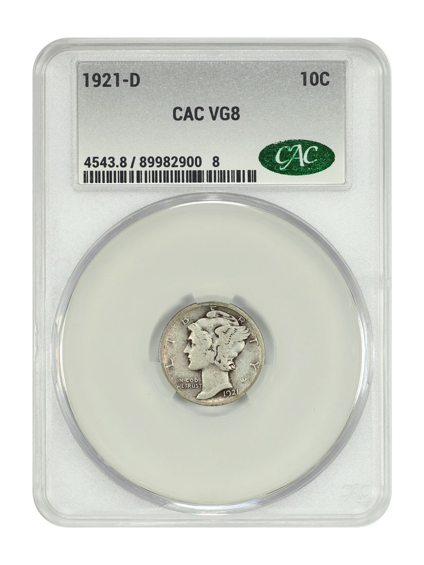 1921-D Mercury Dime CACG VG08 Scarce Key Date Coin: 1921-D Mercury Dime CACG VG08 Scarce Key Date Coin This 1921-D Mercury Dime is a notable key date coin, certified by CACG with the certification number 899829008. It is graded as VG08, indicating it i