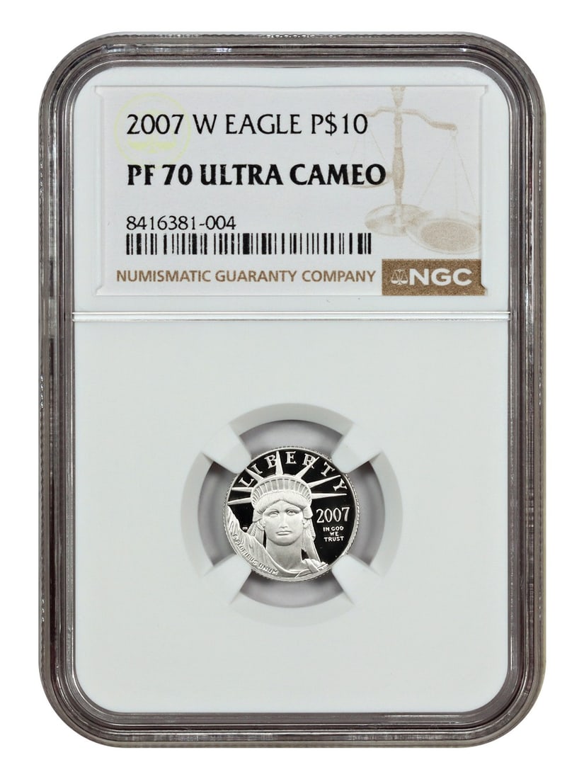 2007-W $10 Platinum Eagle Statue of Liberty NGC PR70DCAM: 2007-W $10 Platinum Eagle Statue of Liberty NGC PR70DCAM This stunning 2007-W $10 Statue of Liberty coin is graded PR70DCAM by NGC, showcasing its exceptional quality and uncirculated condition. As pa