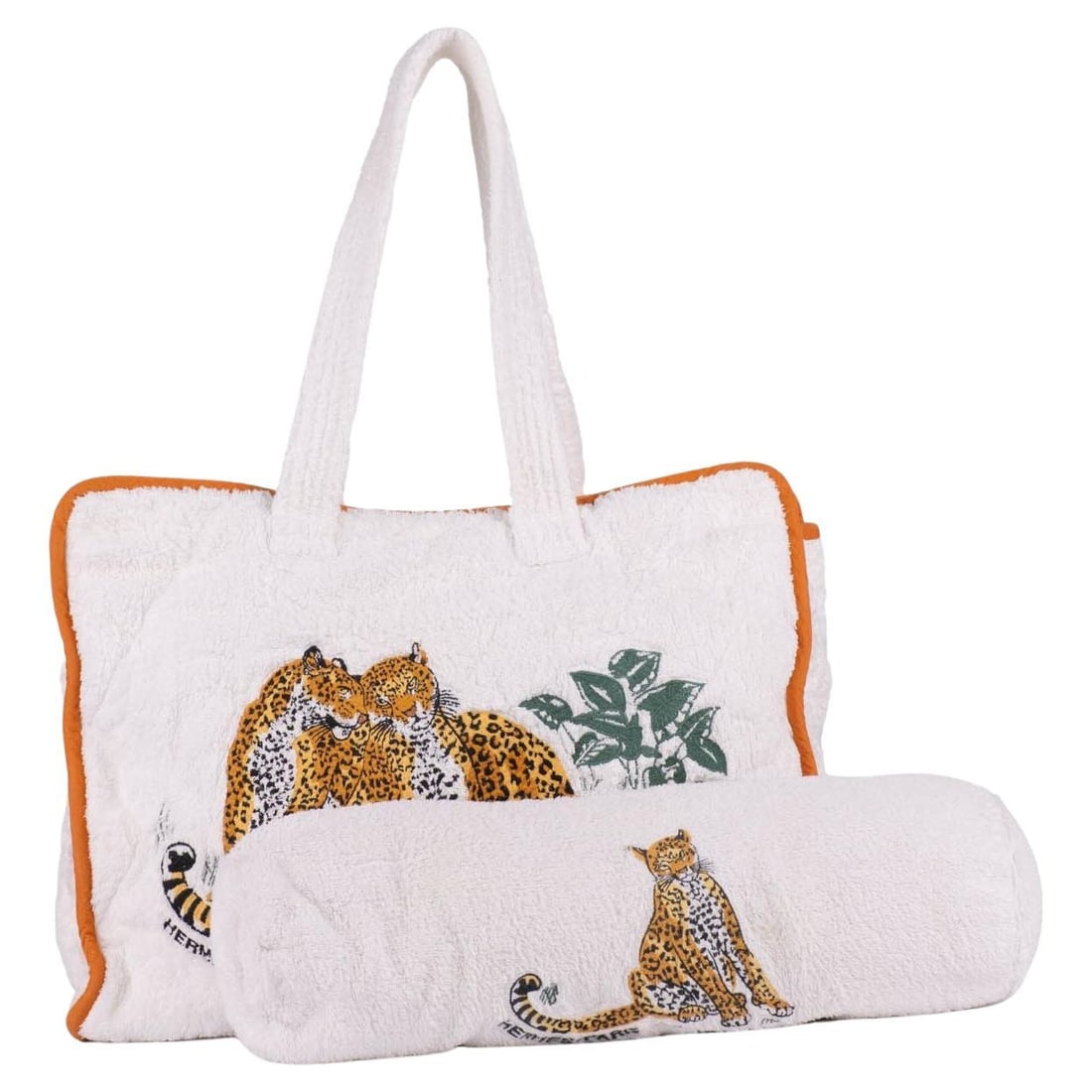 Hermes Jungle Love Beach Set White Terry Tote and Pillow: Hermes Jungle Love Beach Set White Terry Tote and Pillow Discover the exquisite Hermes Jungle Love White Beach Set, a vintage collectible that showcases the iconic "Jungle Love" design by Roger Dallet