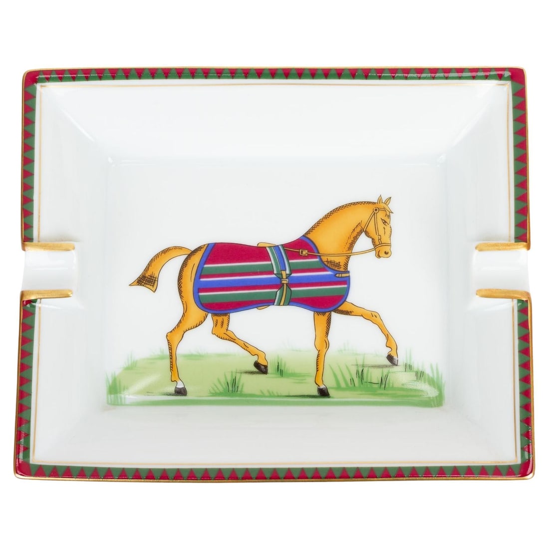 Hermes Vintage Horse Stripe Blanket Ashtray France 21st Century: Hermes Vintage Horse Stripe Blanket Ashtray France 21st Century This exquisite Hermes vintage ashtray features a striking white finish adorned with a beautifully detailed horse at the center, dressed