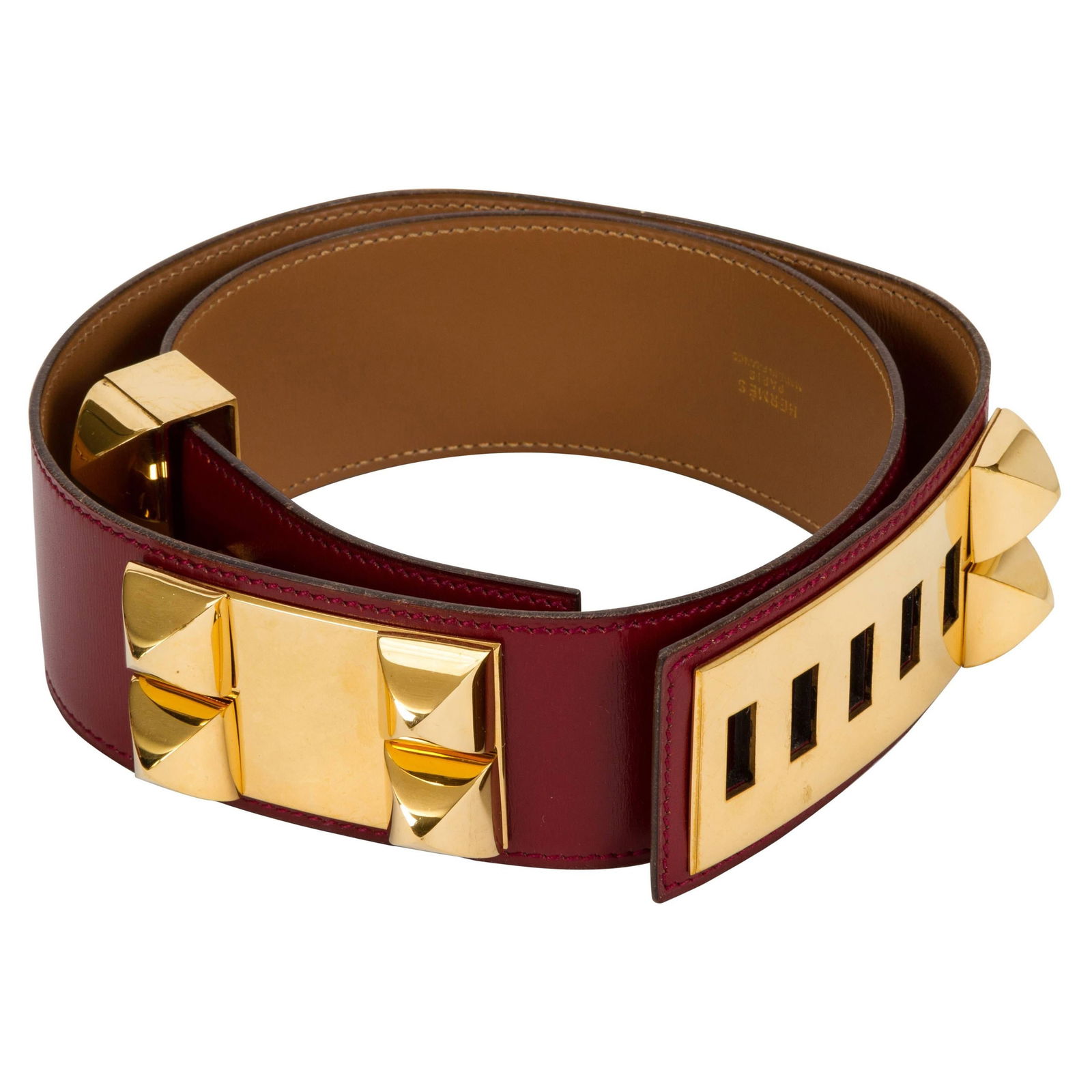 Hermes Collier de Chien Rouge H 70cm Belt Goldtone Hardware: Hermes Collier de Chien Rouge H 70cm Belt Goldtone Hardware Elevate your style with the Hermes Collier de Chien belt, crafted from luxurious box calf leather in a striking Rouge H color. This iconic d