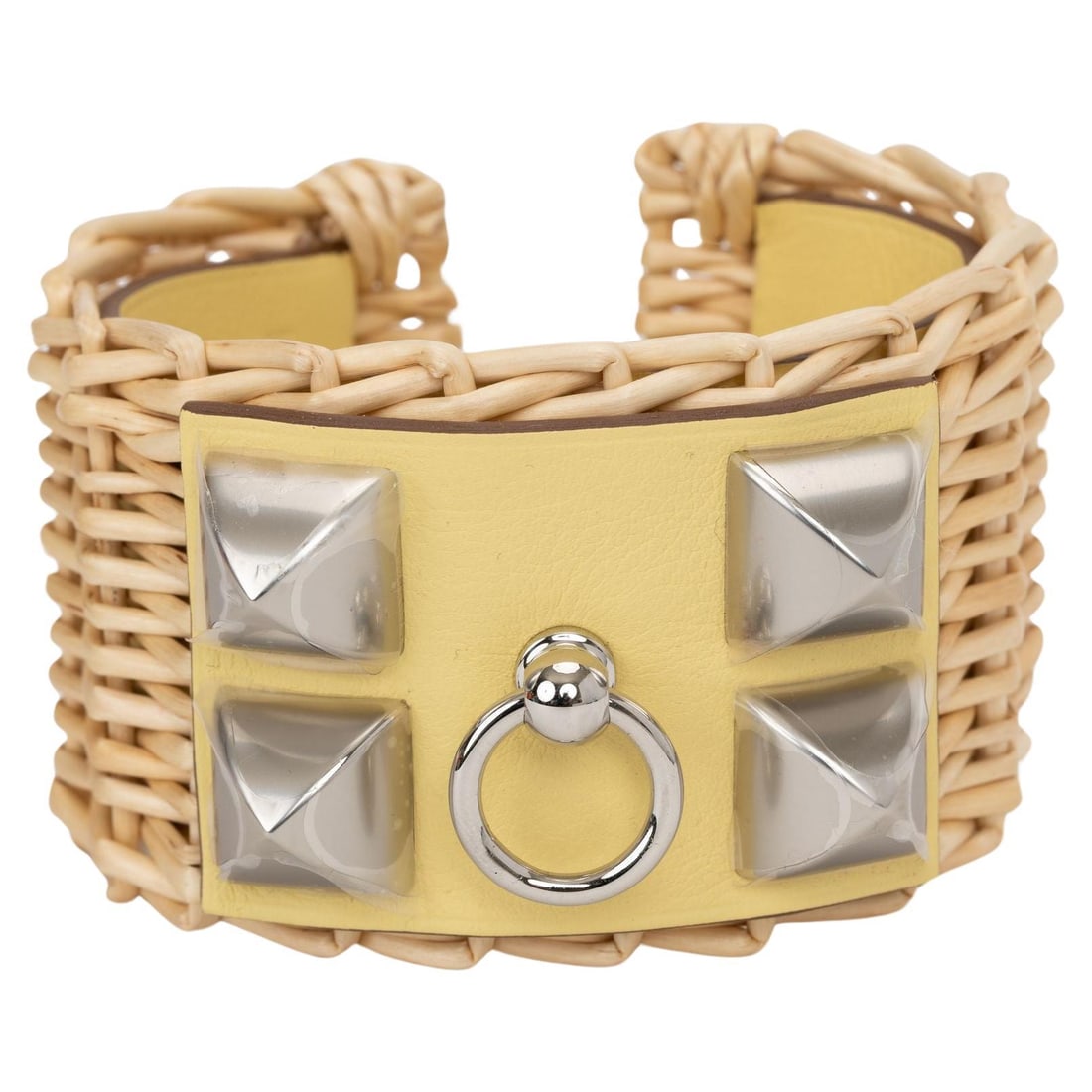 Hermes Jaune Picnic Cuff Bracelet Palladium Leather T3 2023: Hermes Jaune Picnic Cuff Bracelet Palladium Leather T3 2023 Elevate your summer style with the exquisite Hermes Jaune Picnic Cuff Bracelet. This stunning accessory features palladium plated hardware,