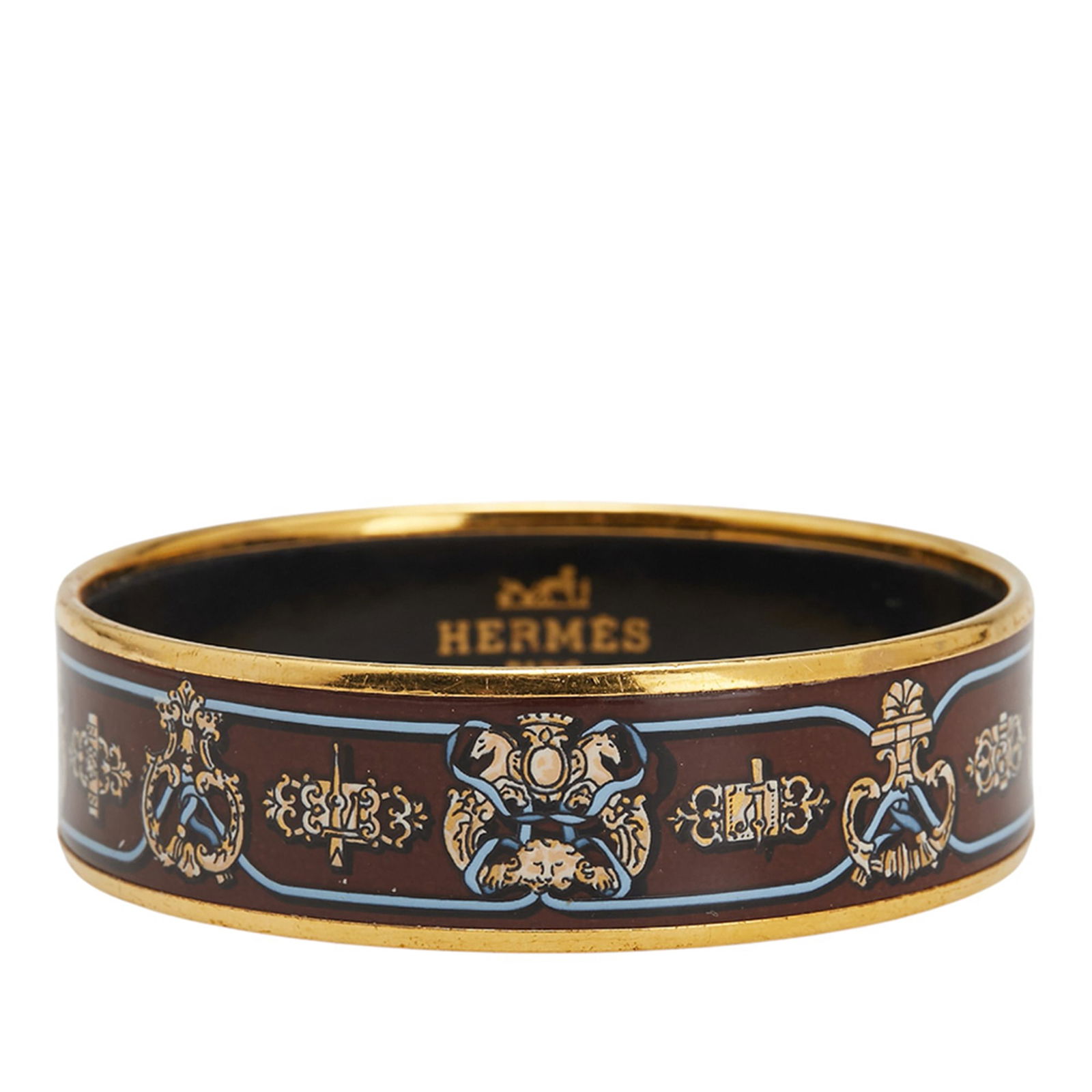 Hermes Wide Horse Enamel Bangle 65 Brown Gold-Plated: Hermes Wide Horse Enamel Bangle 65 Brown Gold-Plated The Hermes Wide Horse Enamel Bangle 65 showcases a stunning blend of printed enamel with a gold-plated metal body, embodying a chic and elegant sty