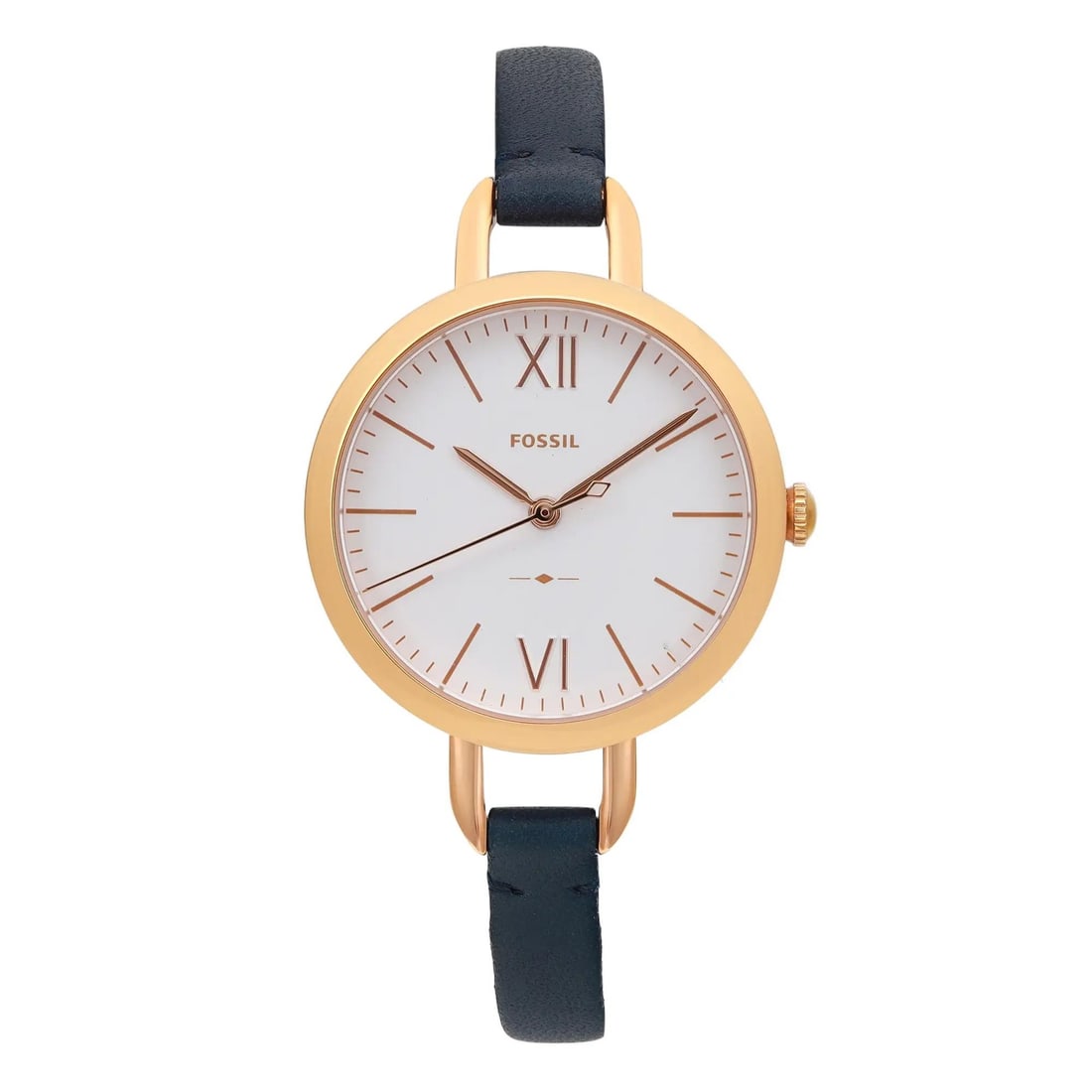 Fossil Annette 30mm Rose Gold Ladies Quartz Watch ES4359 with Blue Leather Strap: Fossil Annette 30mm Rose Gold Ladies Quartz Watch ES4359 with Blue Leather Strap Discover the elegance of the Fossil Annette Ladies Quartz Watch. This stylish timepiece features a round 30mm rose gold