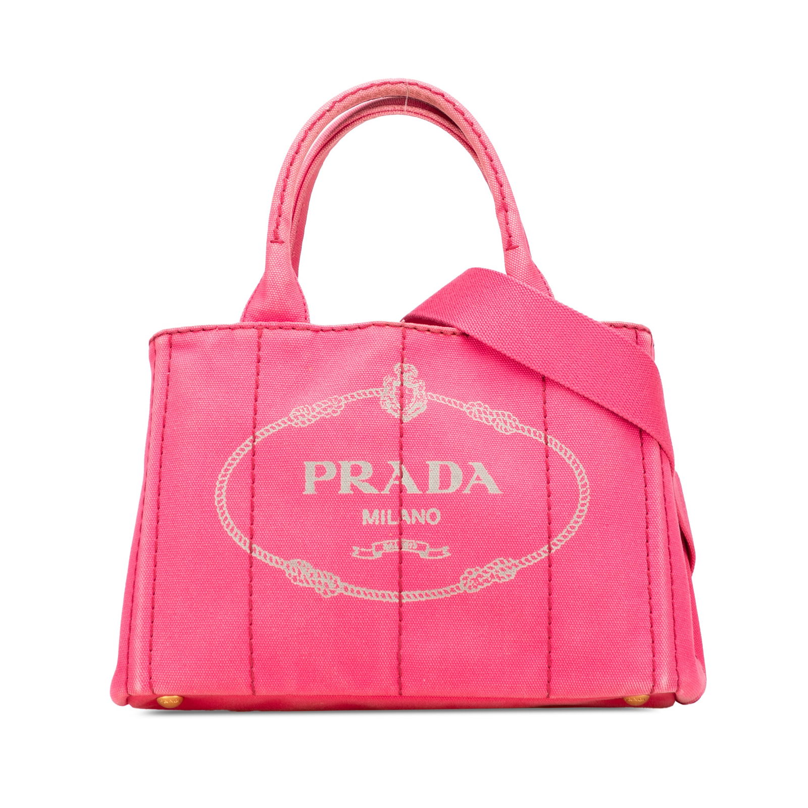 Prada Small Pink Canvas Canapa Satchel with Detachable Strap: Prada Small Pink Canvas Canapa Satchel with Detachable Strap Introducing the Prada Small Canvas Canapa Logo Satchel, a stylish and functional accessory that embodies the brand's luxury craftsmanship.