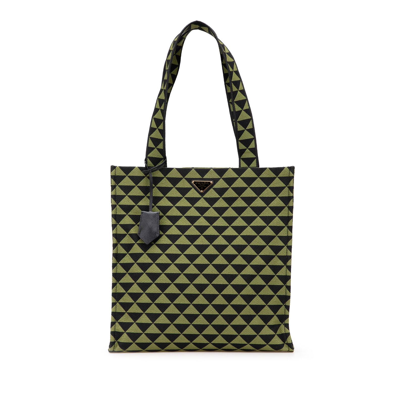 Prada Green Jacquard Triangolo Symbole Tote Bag Italy: Prada Green Jacquard Triangolo Symbole Tote Bag Italy The Prada Jacquard Triangolo Symbole Shopping Tote is a stylish and functional accessory crafted from an embroidered canvas body complemented by s