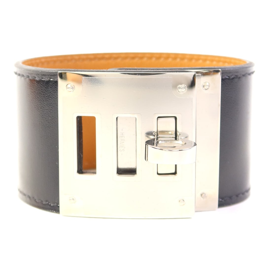 HERMES Kelly Dog Bangle Black Leather PHW: HERMES Kelly Dog Bangle Black Leather PHW This elegant HERMES Kelly Dog Bangle is crafted from high-quality black leather, exuding sophistication and style. Designed as a regular-sized bangle, it feat