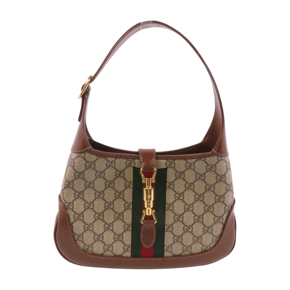 GUCCI GG GHW Jackie 1961 Medium Shoulder Bag Brown PVC Coated Canvas: GUCCI GG GHW Jackie 1961 Medium Shoulder Bag Brown PVC Coated Canvas Introducing the GUCCI GG Jackie 1961 Medium Handbag, an exquisite shoulder bag crafted from durable PVC coated canvas in a rich bro