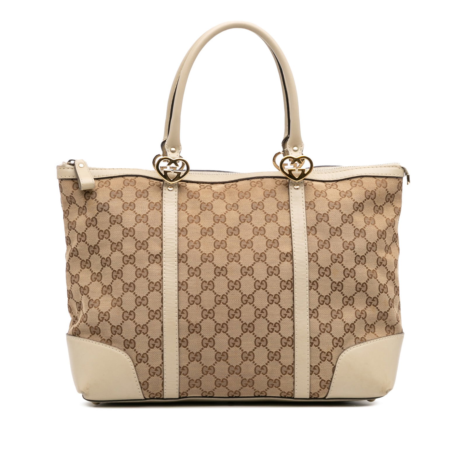 Gucci GG Canvas Lovely Tote Bag with Leather Trim: Gucci GG Canvas Lovely Tote Bag with Leather Trim The Gucci GG Canvas Lovely Tote is a stylish and practical accessory featuring a durable canvas body complemented by luxurious leather trim. This tote
