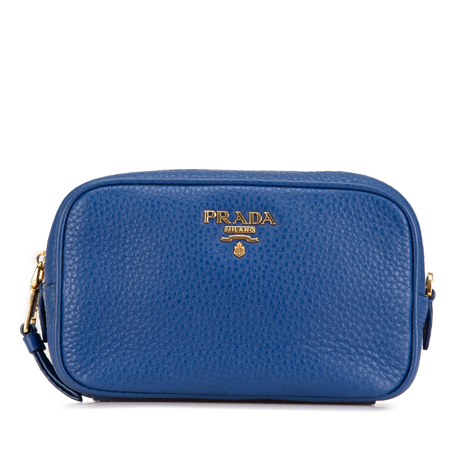 Prada Vitello Daino Blue Leather Cosmetic Pouch: Prada Vitello Daino Blue Leather Cosmetic Pouch This Prada Vitello Daino Cosmetic Pouch showcases a stylish leather exterior with a convenient top zip closure, making it a perfect accessory for organi