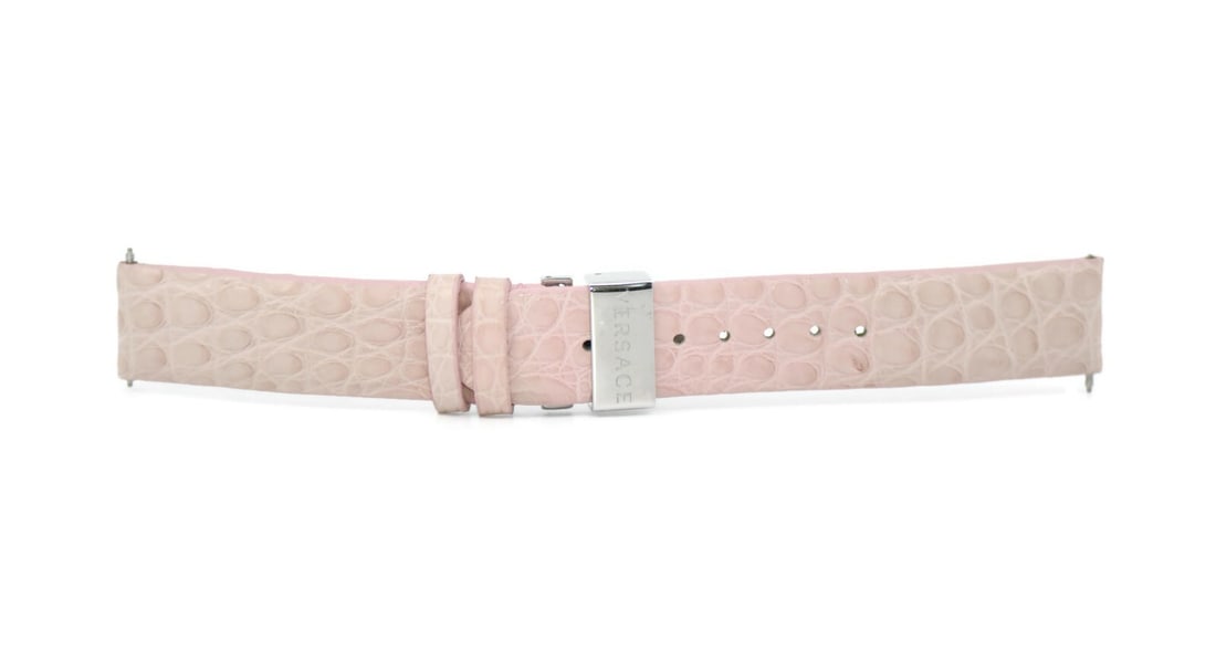 Versace 18mm Pink Leather Watch Strap 100% Authentic: Versace 18mm Pink Leather Watch Strap 100% Authentic Elevate your timepiece with this Versace Pink Leather Strap, designed for wristwatches. This strap features an 18mm width, ensuring a perfect fit f
