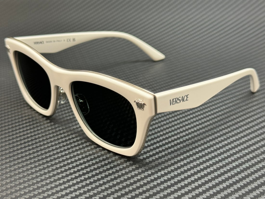 Versace VE2272 314 87 White Grey Men's Sunglasses with Authenticity Certificate: Versace VE2272 314 87 White Grey Men's Sunglasses with Authenticity Certificate Elevate your style with these Versace VE2272 sunglasses, featuring a sleek white frame paired with striking grey lenses.