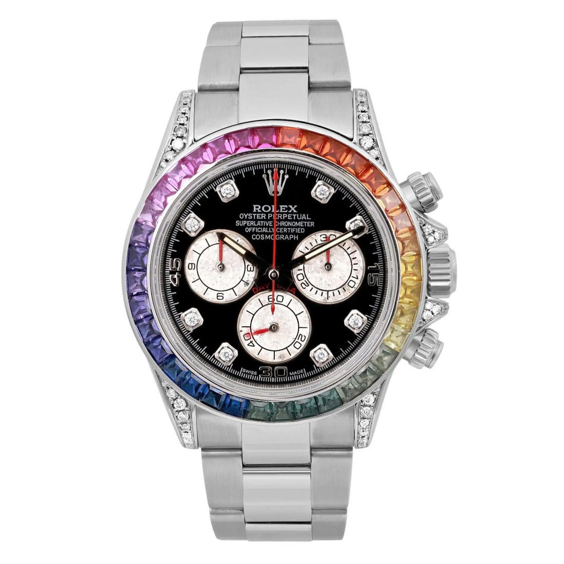 Rolex Daytona 40mm Custom Rainbow Bezel Black Dial Men's Watch 116520: Rolex Daytona 40mm Custom Rainbow Bezel Black Dial Men's Watch 116520 This Rolex Cosmograph Daytona wristwatch features a striking custom rainbow bezel and a sleek black dial, embodying luxury and sty