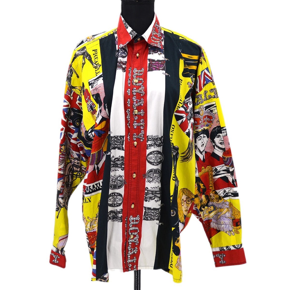 Vintage Versace Multicolor Long Sleeve Shirt with Medusa Buttons: Vintage Versace Multicolor Long Sleeve Shirt with Medusa Buttons Elevate your casual wardrobe with this vintage Versace long sleeve shirt, featuring a classic collared neckline and a relaxed fit. The
