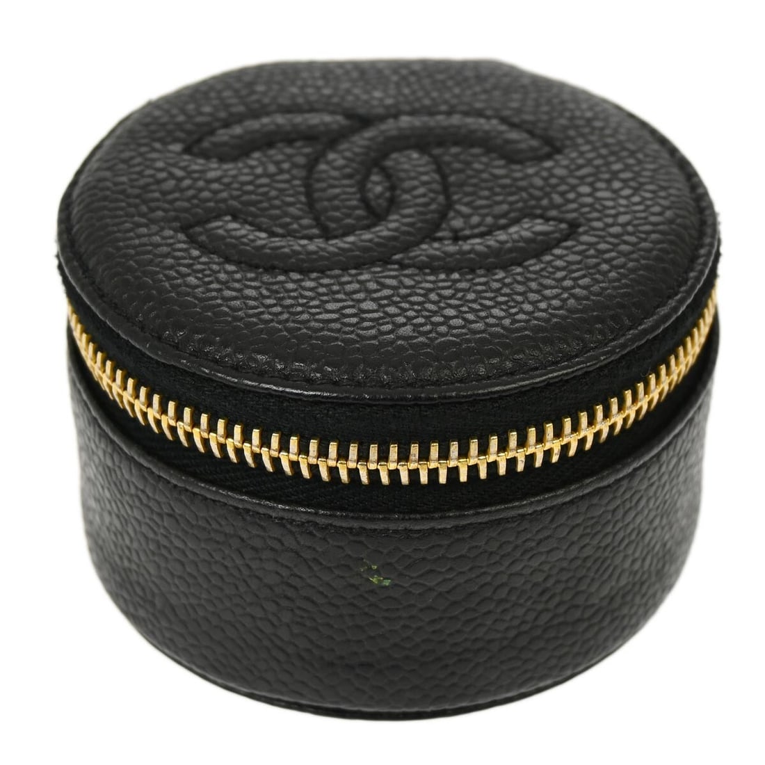 Chanel Vintage Black Caviar Skin Round Jewelry Case: Chanel Vintage Black Caviar Skin Round Jewelry Case This exquisite Chanel jewelry case pouch is crafted from luxurious black caviar skin, featuring a round shape that elegantly holds your treasured it