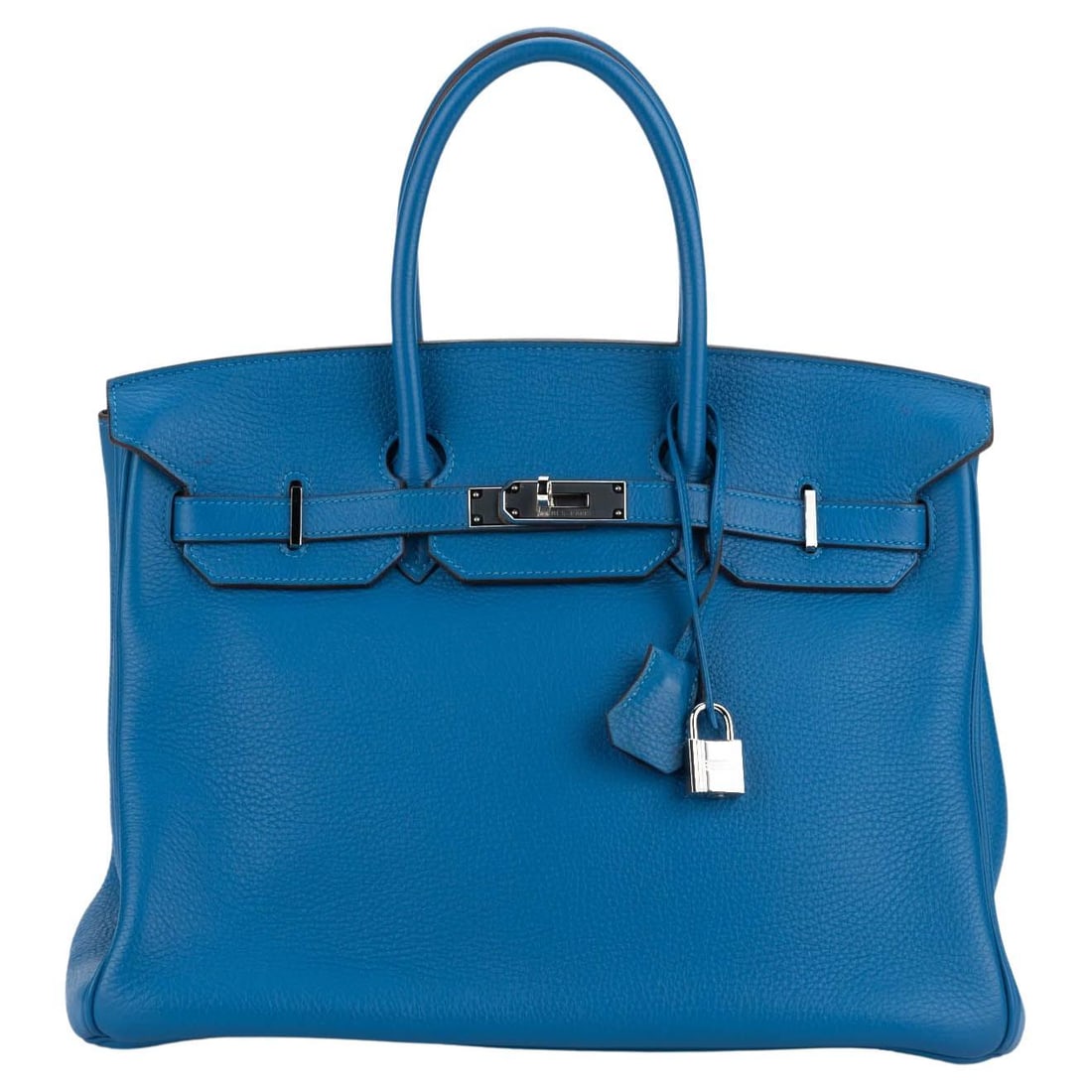 Hermes Birkin 35 Blue Izmir Taurillon Clemence with Palladium Hardware: Hermes Birkin 35 Blue Izmir Taurillon Clemence with Palladium Hardware This exquisite Hermes Birkin 35 is crafted from luxurious taurillon clemence leather in a stunning Blue Izmir hue. Featuring pall
