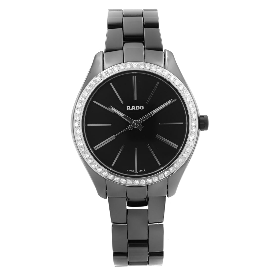 Rado Hyperchrome Quartz Ladies Watch Black Dial Diamond Bezel R32312152: Rado Hyperchrome Quartz Ladies Watch Black Dial Diamond Bezel R32312152 This Rado Hyperchrome ladies wristwatch features a striking black dial complemented by a diamond bezel, perfect for formal occas