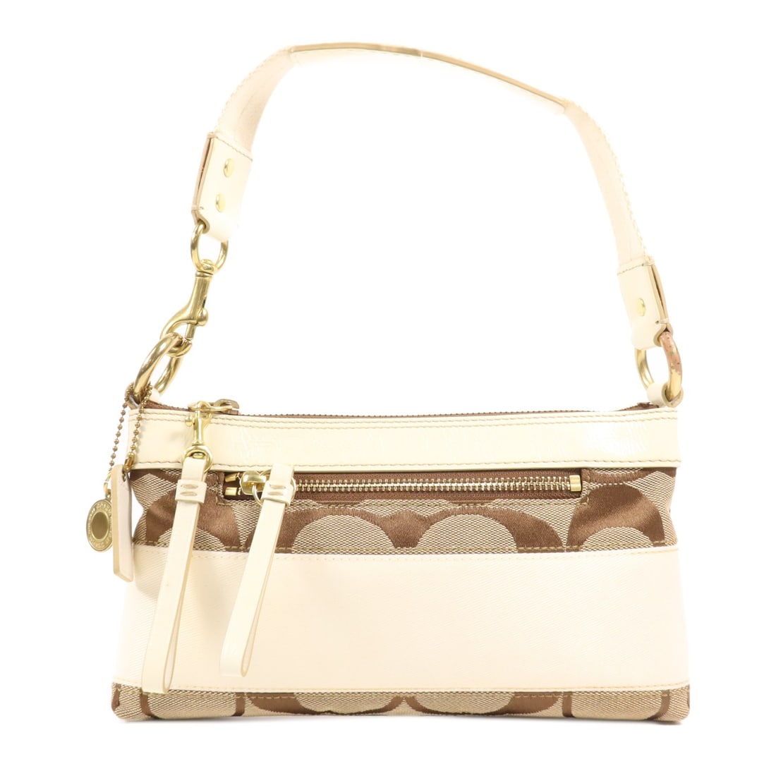 COACH Brown White Canvas Shoulder Bag GHW: COACH Brown White Canvas Shoulder Bag GHW The COACH Shoulder Bag is a stylish accessory crafted from durable canvas, featuring a sophisticated brown exterior. Designed for everyday use, this bag offer