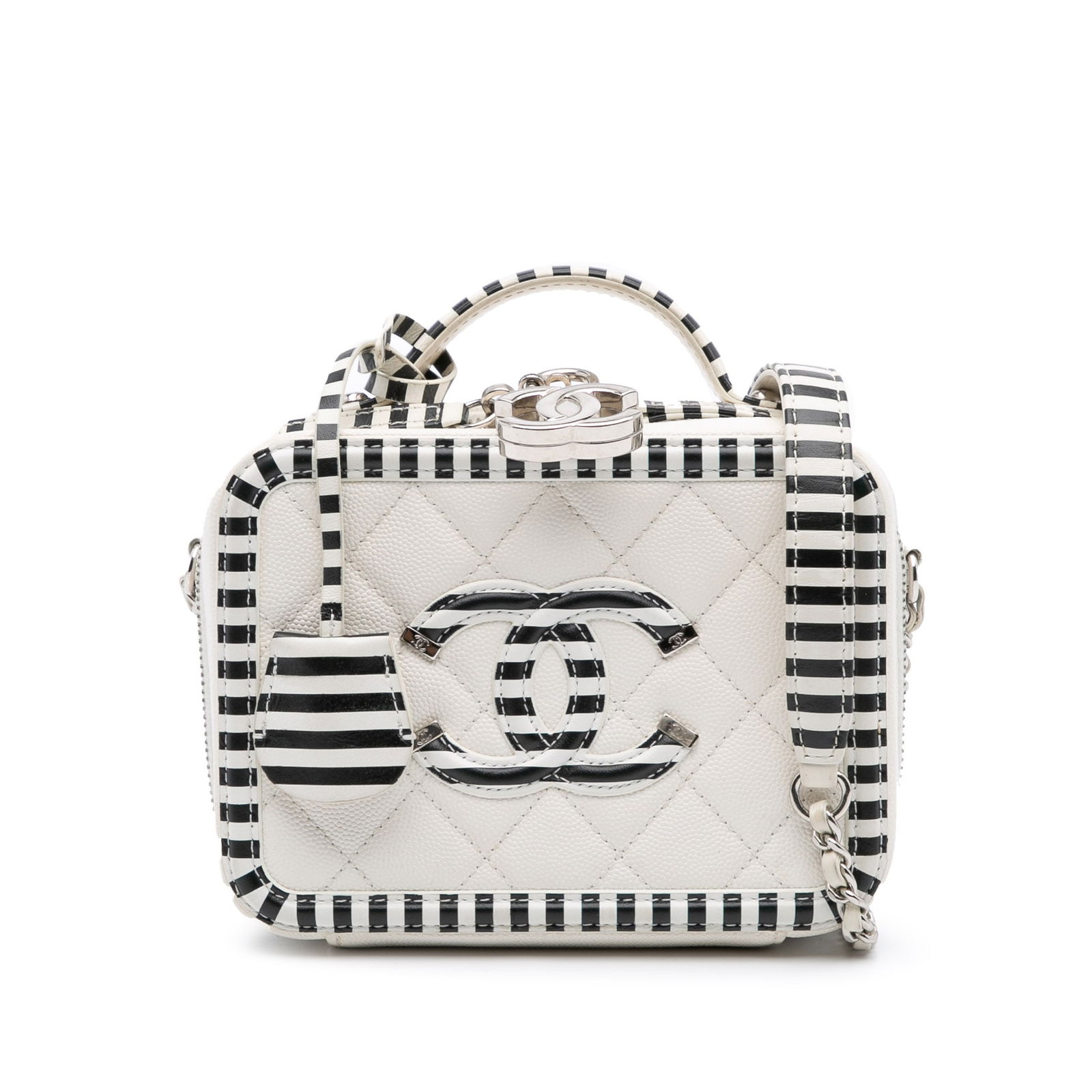 Chanel Small Caviar Filigree Vanity Case White Leather: Chanel Small Caviar Filigree Vanity Case White Leather This Chanel Small Caviar Striped CC Filigree Vanity Case showcases a sophisticated design with a quilted caviar leather body, perfect for stylish