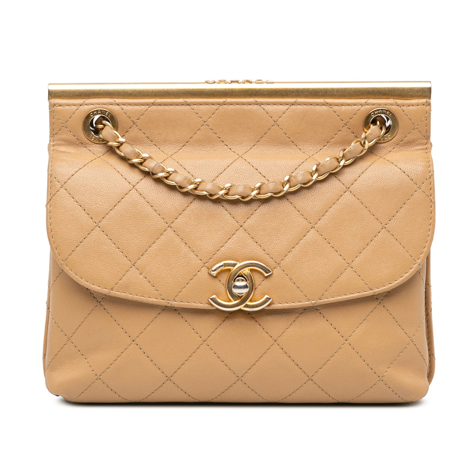 Chanel Brown Quilted Lambskin CC Logo Bar Shoulder Bag: Chanel Brown Quilted Lambskin CC Logo Bar Shoulder Bag Elevate your style with this elegant Chanel Quilted Lambskin CC Logo Bar Shoulder Bag. Crafted from luxurious quilted lambskin leather, this bag 