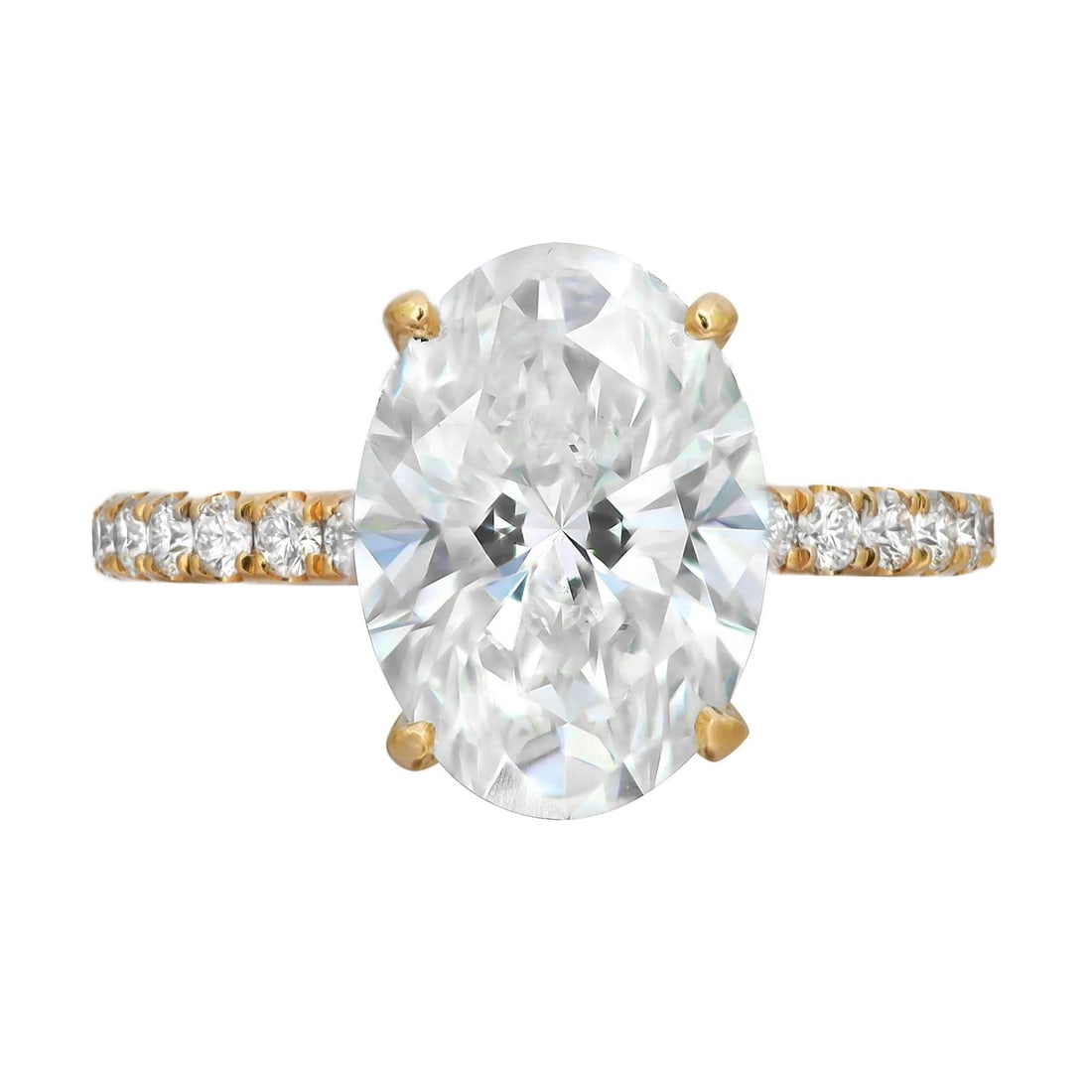 Rachel Koen 18K Yellow Gold Oval Cut Lab Grown Diamond Engagement Ring 4.37Cttw IGI Certified: Rachel Koen 18K Yellow Gold Oval Cut Lab Grown Diamond Engagement Ring 4.37Cttw IGI Certified This exquisite engagement ring features a stunning oval cut lab-grown diamond at its center, weighing 3.75