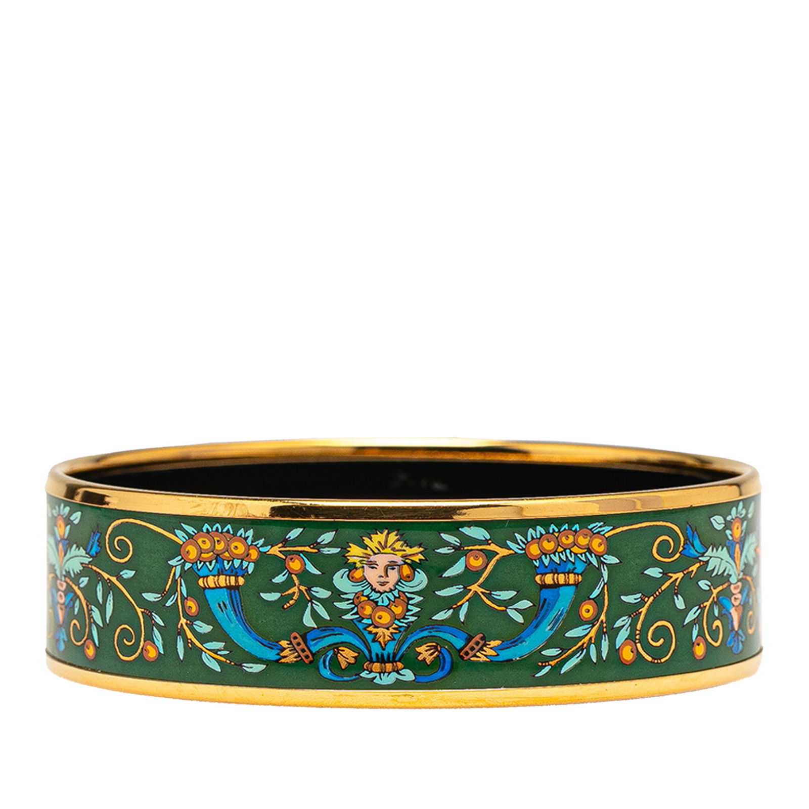 Hermes Astres et Soleils Wide Enamel Bangle Green 65: Hermes Astres et Soleils Wide Enamel Bangle Green 65 Elevate your accessory collection with the Hermes Wide Enamel Astres et Soleils Bangle 65. This exquisite piece features a vibrant green enamel pri