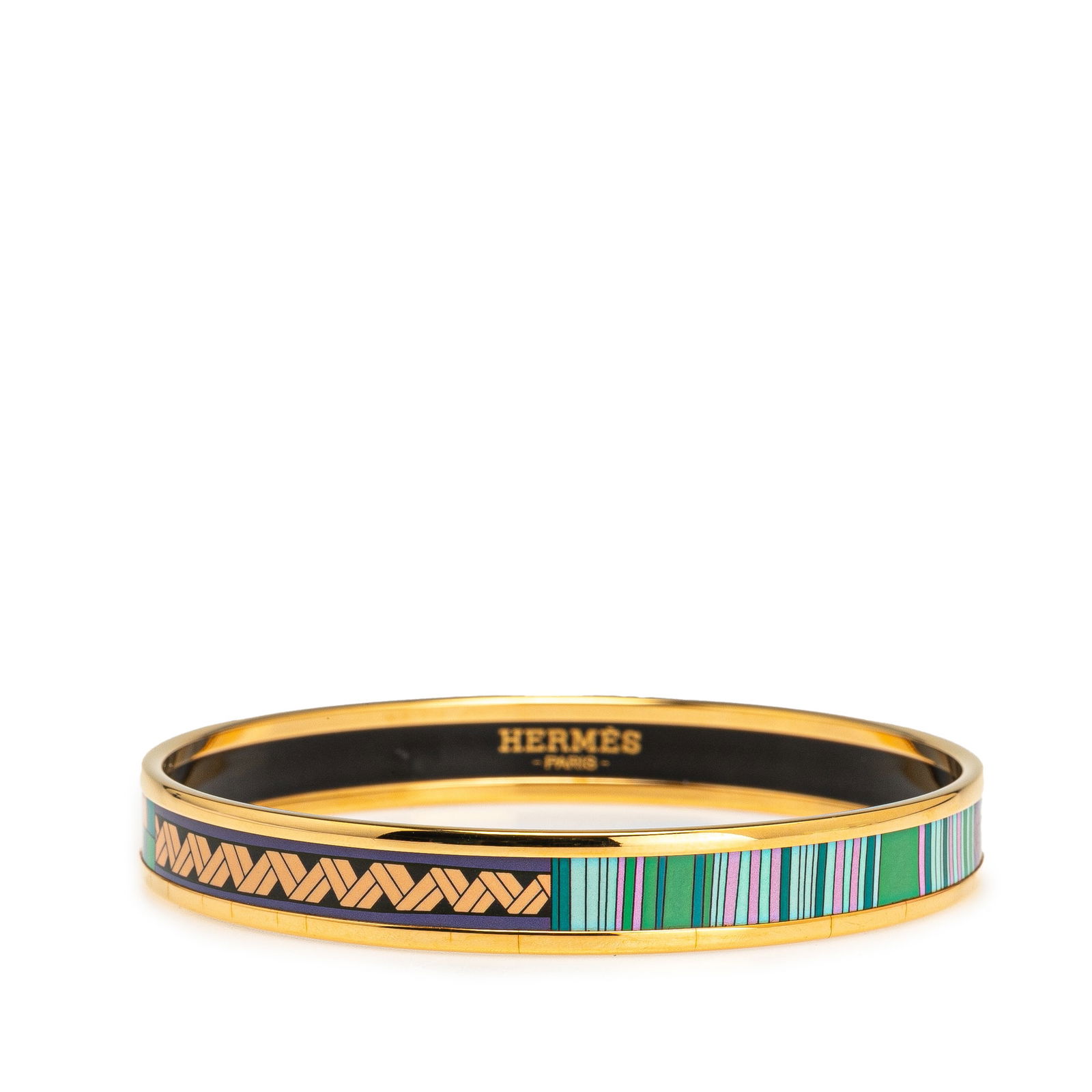 Hermes Narrow Stripes Enamel Bangle with Gold-tone Hardware: Hermes Narrow Stripes Enamel Bangle with Gold-tone Hardware This exquisite Hermes Narrow Stripes and Pattern Enamel Bangle showcases a vibrant printed enamel body complemented by gold-tone metal hardw