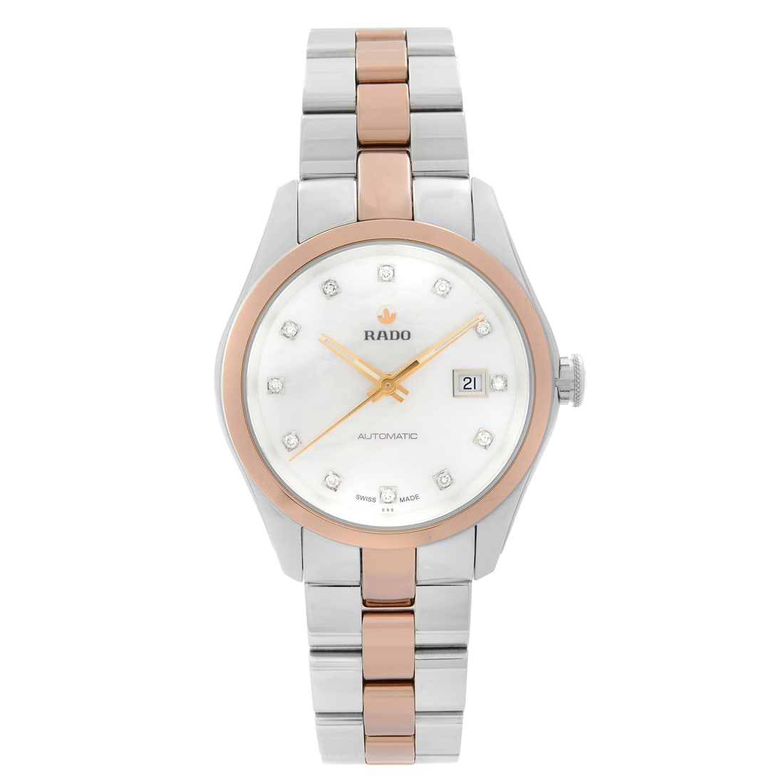 Rado Hyperchrome Automatic Ladies Watch MOP Diamond Dial R32087902: Rado Hyperchrome Automatic Ladies Watch MOP Diamond Dial R32087902 Discover the elegance of the Rado Hyperchrome Ladies Watch, featuring a stunning Mother of Pearl dial adorned with diamond markers th