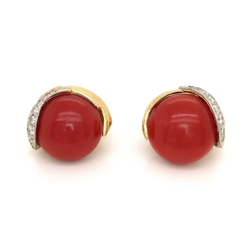 David Webb Domed Coral Diamond Earrings in Platinum and 18K Gold: David Webb Domed Coral Diamond Earrings in Platinum and 18K Gold Exquisite David Webb earrings featuring a luxurious combination of platinum and 18K yellow gold. These domed earrings are elegantly ado