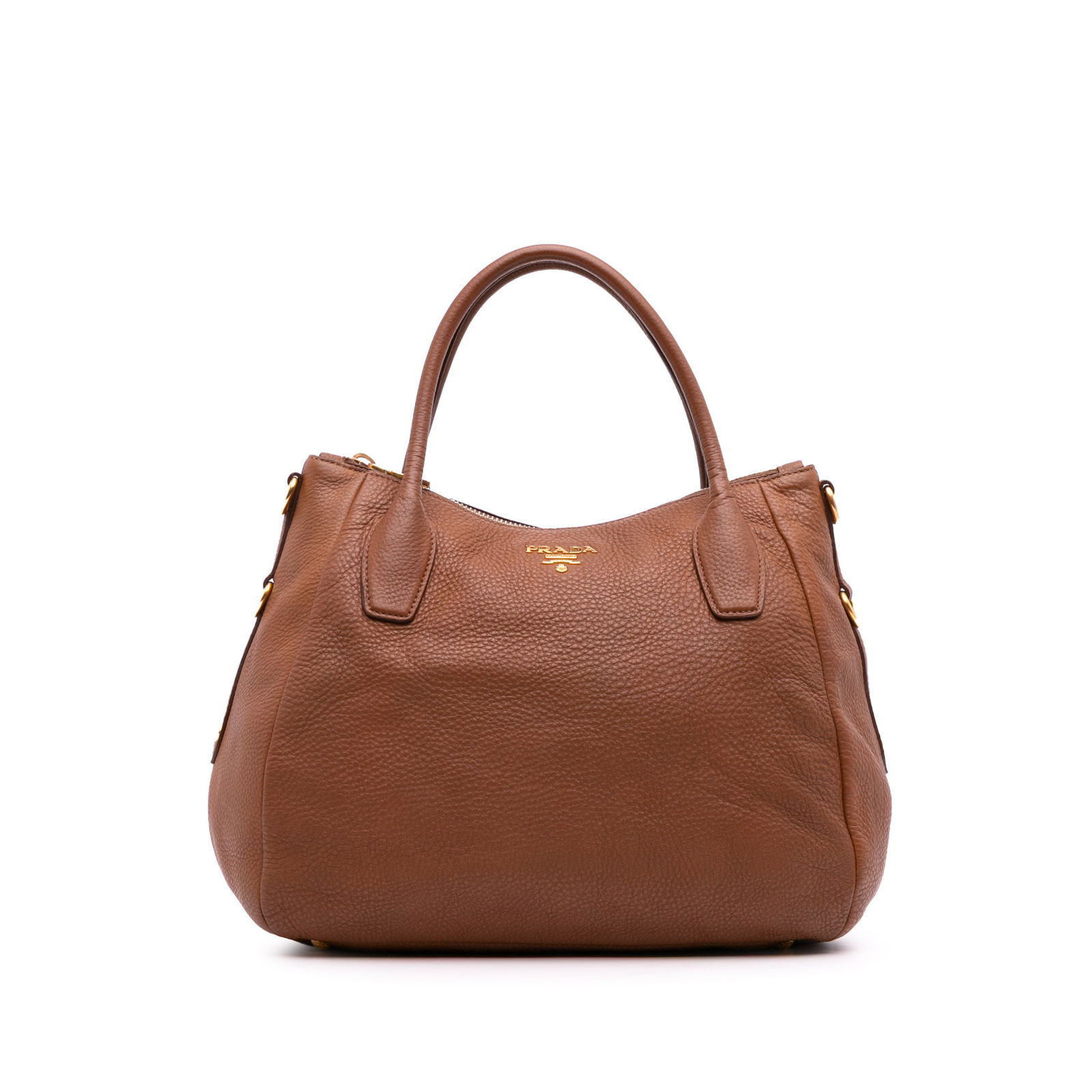 Prada Vitello Daino Sacca 2 Manici Brown Leather Convertible Tote: Prada Vitello Daino Sacca 2 Manici Brown Leather Convertible Tote Introducing the Prada Vitello Daino Sacca 2 Manici Convertible Tote, a sophisticated blend of style and functionality. This tote featu