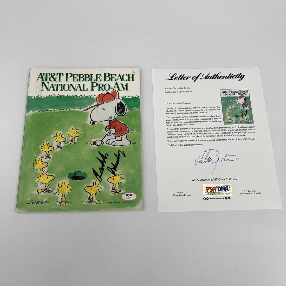 Charles Schulz Signed Pebble Beach Golf Program PSA DNA COA Snoopy: Charles Schulz Signed Pebble Beach Golf Program PSA DNA COA Snoopy This original Pebble Beach Pro-Am golf program features the signature of Charles Schulz, the beloved creator of the Peanuts comic str