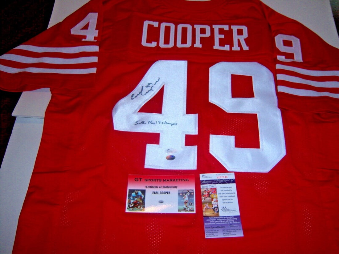 Earl Cooper Signed San Francisco 49ers Super Bowl Jersey JSA COA: Earl Cooper Signed San Francisco 49ers Super Bowl Jersey JSA COA This is an original, pre-owned jersey commemorating the San Francisco 49ers' Super Bowl championships from 2016 and 2019. It features a