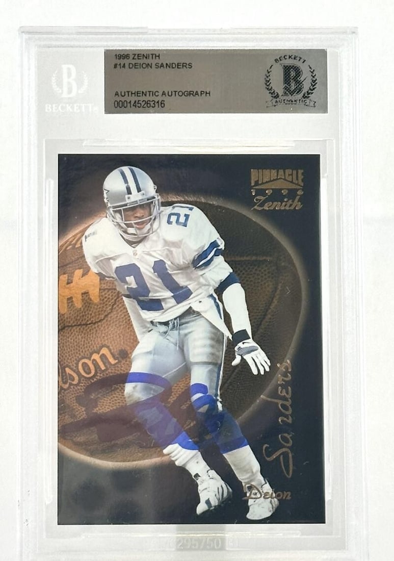 1996 Pinnacle Zenith #14 Deion Sanders Autographed NFL Trading Card Beckett Auth: 1996 Pinnacle Zenith #14 Deion Sanders Autographed NFL Trading Card Beckett Auth This is a 1996 Pinnacle Zenith Sports Trading Card featuring Deion Sanders, a prominent player of the Dallas Cowboys. T