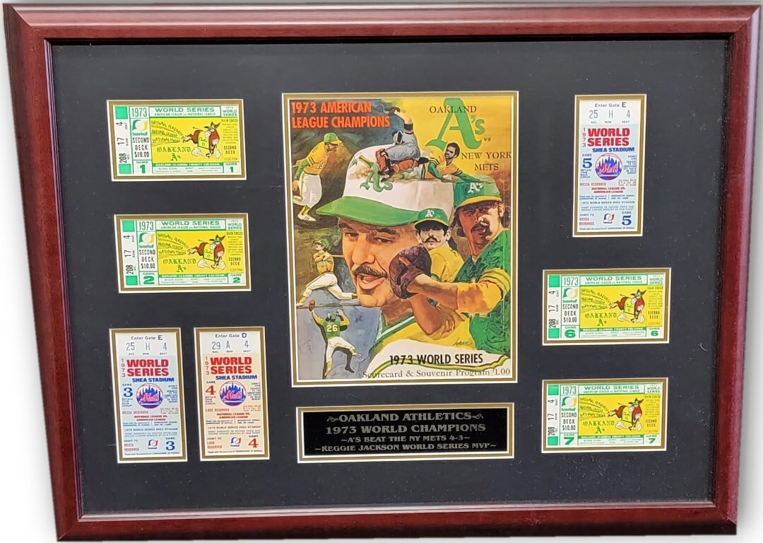 Framed 1973 Oakland Athletics World Series Tickets Willie Mays Last Games: Framed 1973 Oakland Athletics World Series Tickets Willie Mays Last Games This framed display features original tickets from the Oakland Athletics' 1973 World Series, commemorating Willie Mays' last g