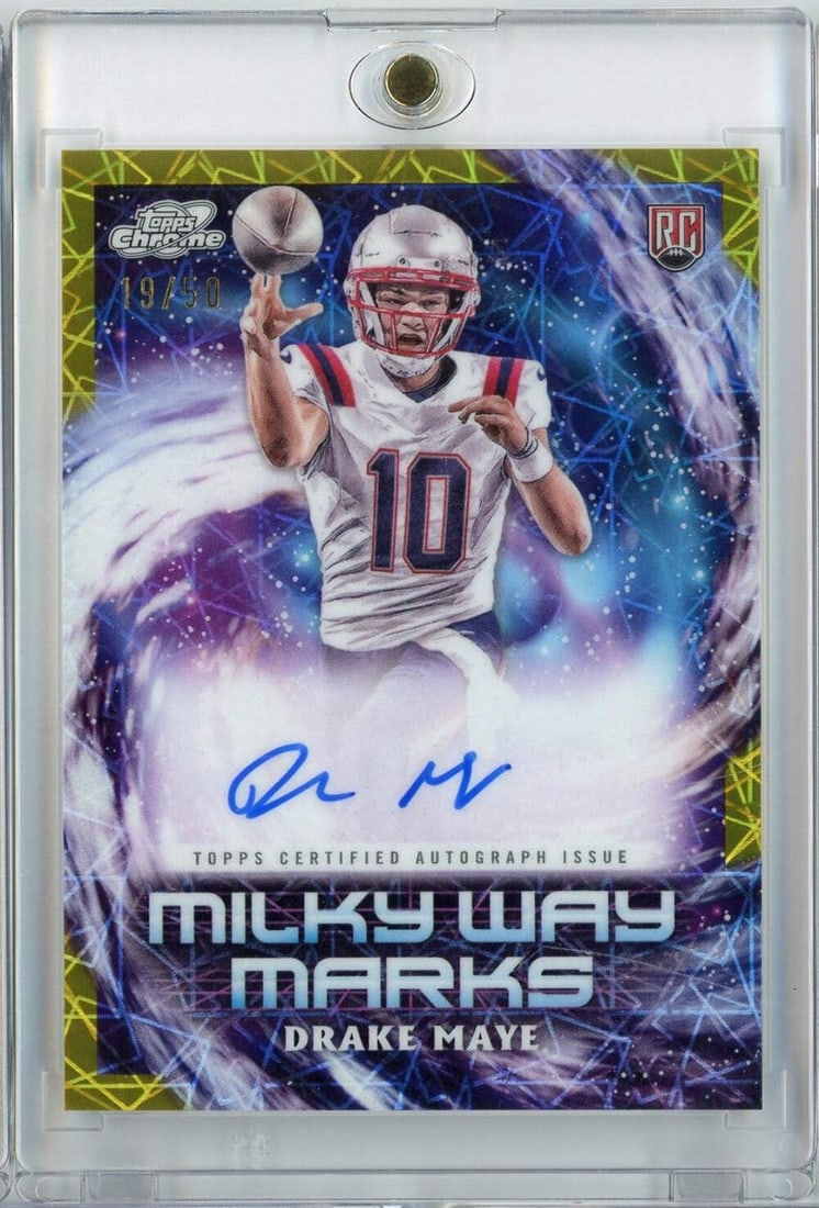 2024 Topps Cosmic Chrome Drake Maye Auto RC #MWMDMA /50 NFL: 2024 Topps Cosmic Chrome Drake Maye Auto RC #MWMDMA /50 NFL This limited edition 2024 Topps Cosmic Chrome Football card features Drake Maye, marked as a Milky Way Marks Autograph Rookie Card (#MWMDMA