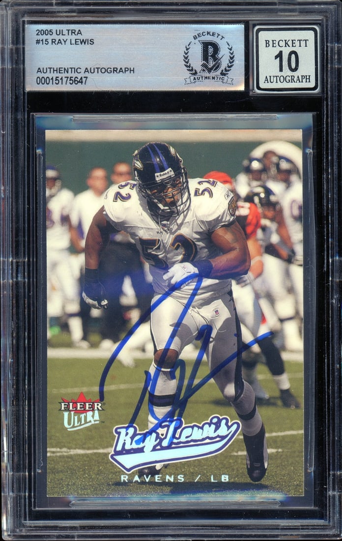 2005 Fleer Ultra #15 Ray Lewis Autographed BGS 10 NFL Card: 2005 Fleer Ultra #15 Ray Lewis Autographed BGS 10 NFL Card This 2005 Fleer Ultra #15 sports trading card features Ray Lewis, a legendary player for the Baltimore Ravens. The card is a part of the 2005
