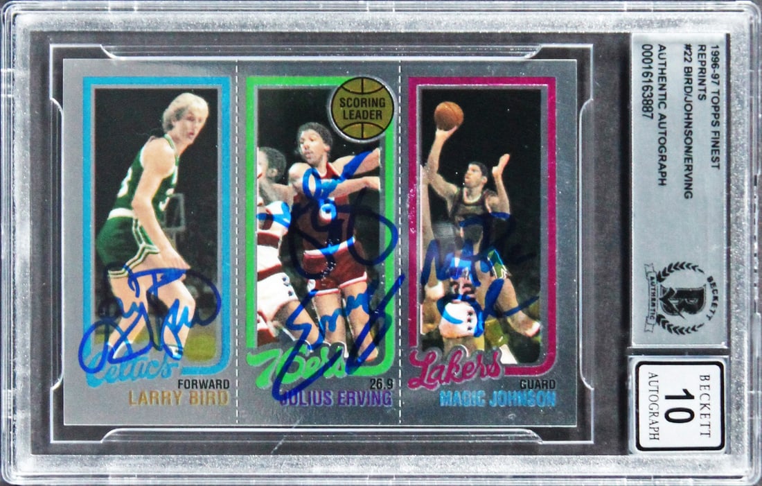 Magic Johnson Larry Bird Julius Erving Signed 1996 Topps Finest Reprints Card Gem Mint 10 Beckett (1 of 2)
