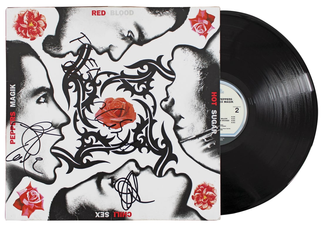 Red Hot Chili Peppers Signed Blood Sugar Sex Magik Album Cover with Vinyl BAS COA: Red Hot Chili Peppers Signed Blood Sugar Sex Magik Album Cover with Vinyl BAS COA This is an original autographed album cover of the iconic Red Hot Chili Peppers' album "Blood Sugar Sex Magik," featur