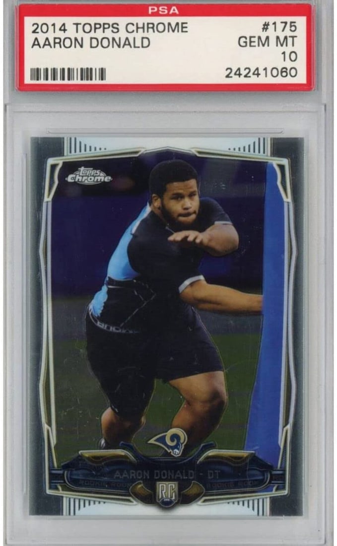 2014 Topps Chrome Aaron Donald #175 Rookie PSA 10 NFL Card: 2014 Topps Chrome Aaron Donald #175 Rookie PSA 10 NFL Card This graded 2014 Topps Chrome Aaron Donald #175 rookie football card is a true gem, rated PSA 10. A remarkable addition for any NFL collector