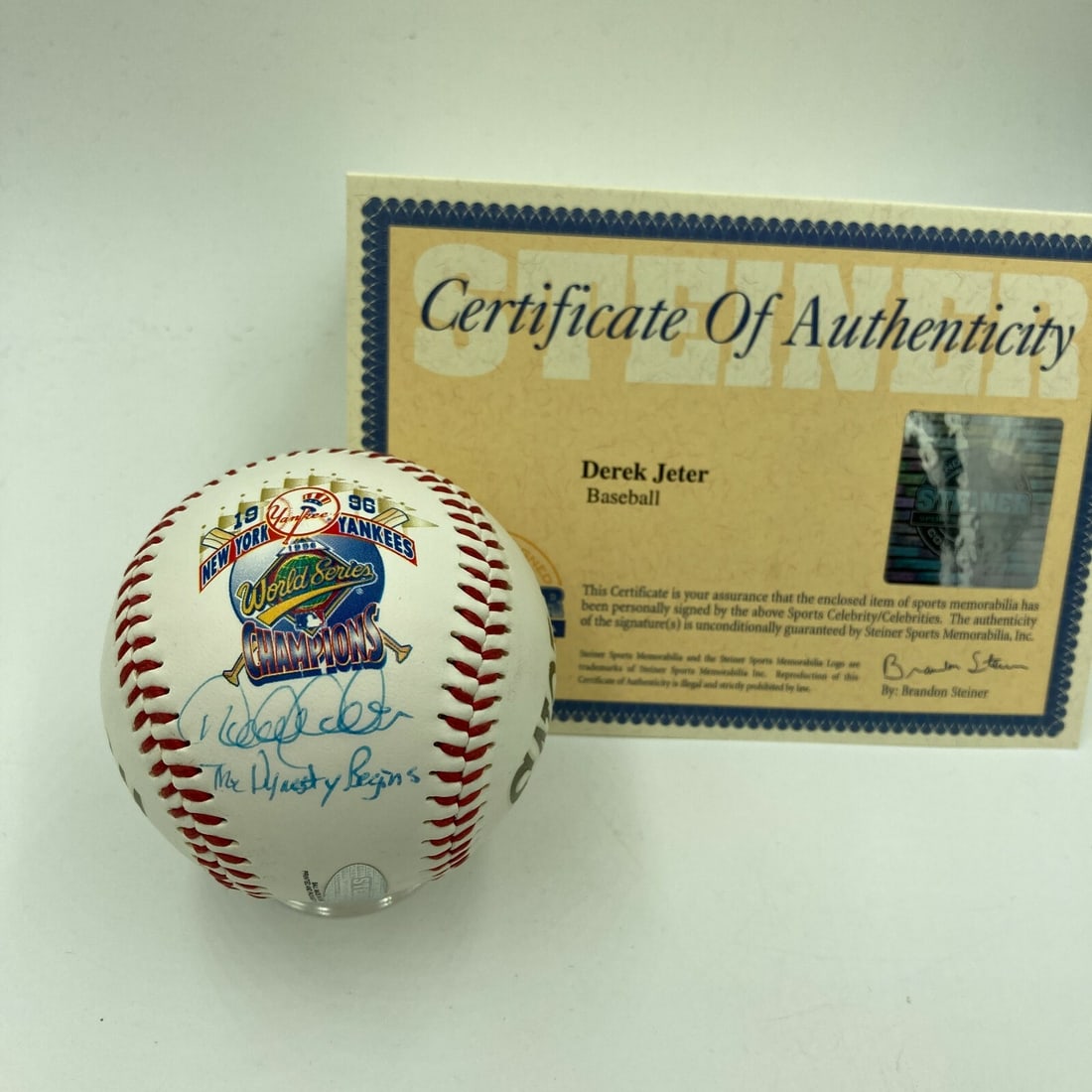 Derek Jeter Signed 1996 World Series Baseball Steiner Authenticated: Derek Jeter Signed 1996 World Series Baseball Steiner Authenticated This extremely rare Derek Jeter signed inscribed 1996 World Series baseball commemorates the beginning of a legendary dynasty in MLB