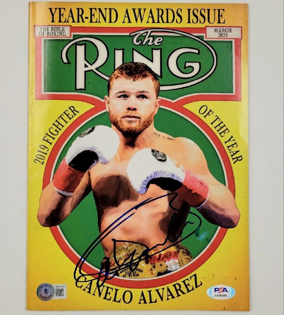 Canelo Alvarez Signed Magazine Beckett Authenticated Boxing: Canelo Alvarez Signed Magazine Beckett Authenticated Boxing This is an original copy of The Ring Magazine featuring a bold autograph from boxing champion Canelo Alvarez. Authenticated by Beckett Authe